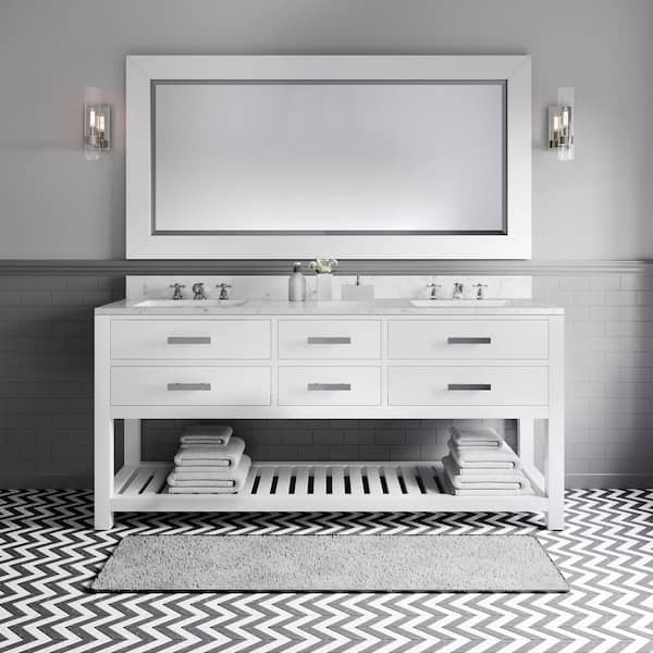 72 in. Vanity in Carrara White with Marble Vanity Top in Carrara White and Mirror