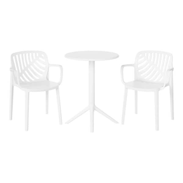 Frond and Form Outdoor Patio Modern HDPE Plastic 3-Piece Indoor/Outdoor Bistro Set w/ Stackable Chairs, White