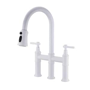 Chic Double Handle Bridge Kitchen Faucet with Pull-Down Sprayhead in White