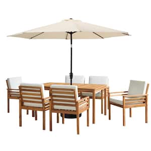 8 -Piece Set, Okemo Wood Outdoor Dining Table Set with 6 Cushioned Chairs, 10 ft. Auto Tilt Umbrella Tan