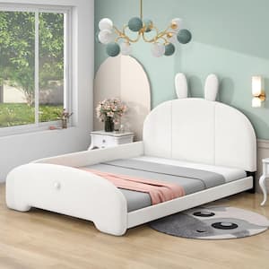 White Wood Frame Full Size Upholstered Platform Bed with Cartoon Ears