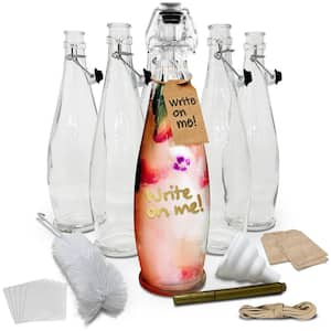 6 Pack 33 oz. Glass Bottles with Swing Top Stoppers, Bottle Brush, Funnel, and Gold Glass Marker - Teardrop Design