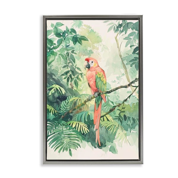 Stupell Industries Pink Parrot in Jungle by LSR Design Studio Gray Floater Frame Animal Graphic Art Print 25 in. x 17 in.