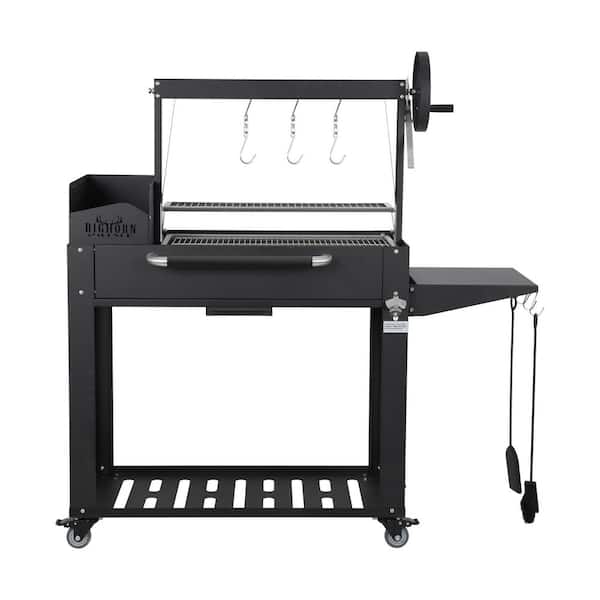 Black Argentinian Santa Maria Charcoal BBQ Grill with Firebricks, Outdoor Gaucho Asado Wood Fire Cooking