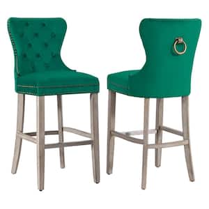 Harper 29 in. Dark Green Velvet Tufted Wingback Kitchen Counter Bar Stool with Solid Wood Frame in Antique Gray