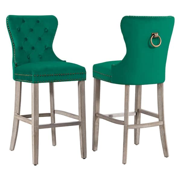 WESTINFURNITURE Harper 29 in. Dark Green Velvet Tufted Wingback Kitchen Counter Bar Stool with Solid Wood Frame in Antique Gray