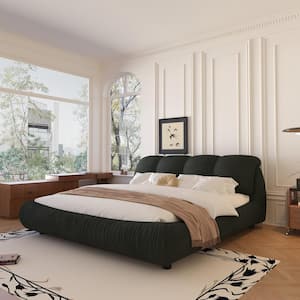 High End Black Wood Frame King Upholstered Platform Bed with Oversize Headboard, Thickened Slats, Pleating Bed Body