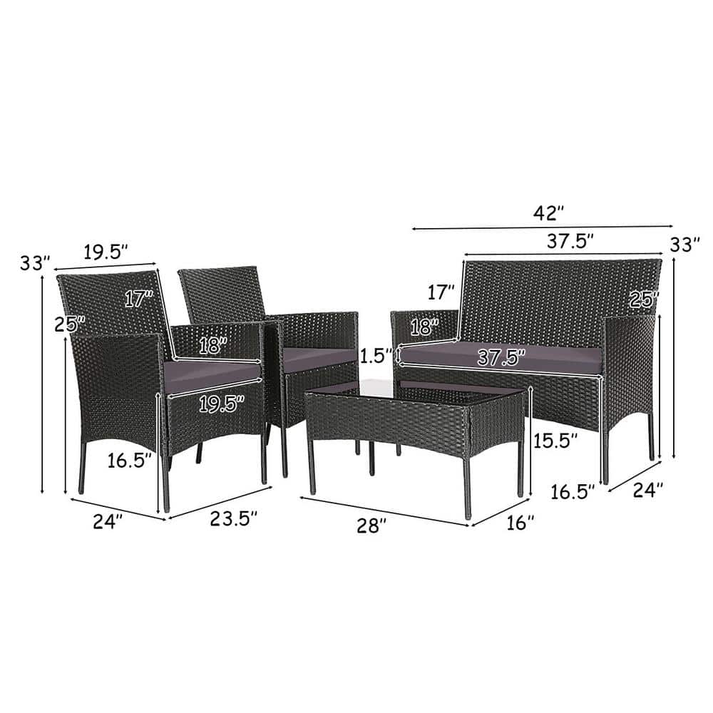 Gray and Off-White 4-Person Rattan Outdoor Sofa Set with Tempered Glass Table