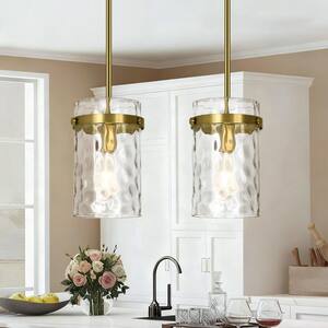 Jasslynn 2-Pack 60-Watt Gold Modern Adjustable Pendant Light Fixture with Cylinder Glass Shade for Kitchen Dining Room