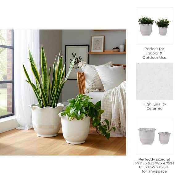 Liv & Skye 6 in. and 8 in. Ivory Ceramic Arch Decorative Pots (Set