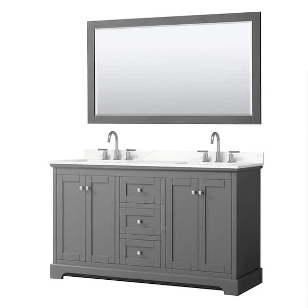 Wyndham Collection Avery 60 in. W x 22 in. D x 35 in. H Double Bath Vanity in Dark Gray with Giotto Quartz Top and 58 in. Mirror
