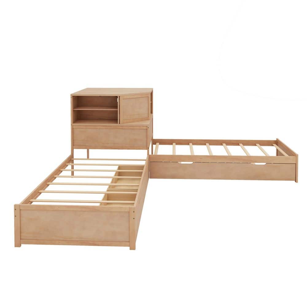Natural (Yellow) Wood Frame Twin L-shaped Platform Bed with Trundle and Drawers Linked with Built-in Desk and LED - thumbnail 5