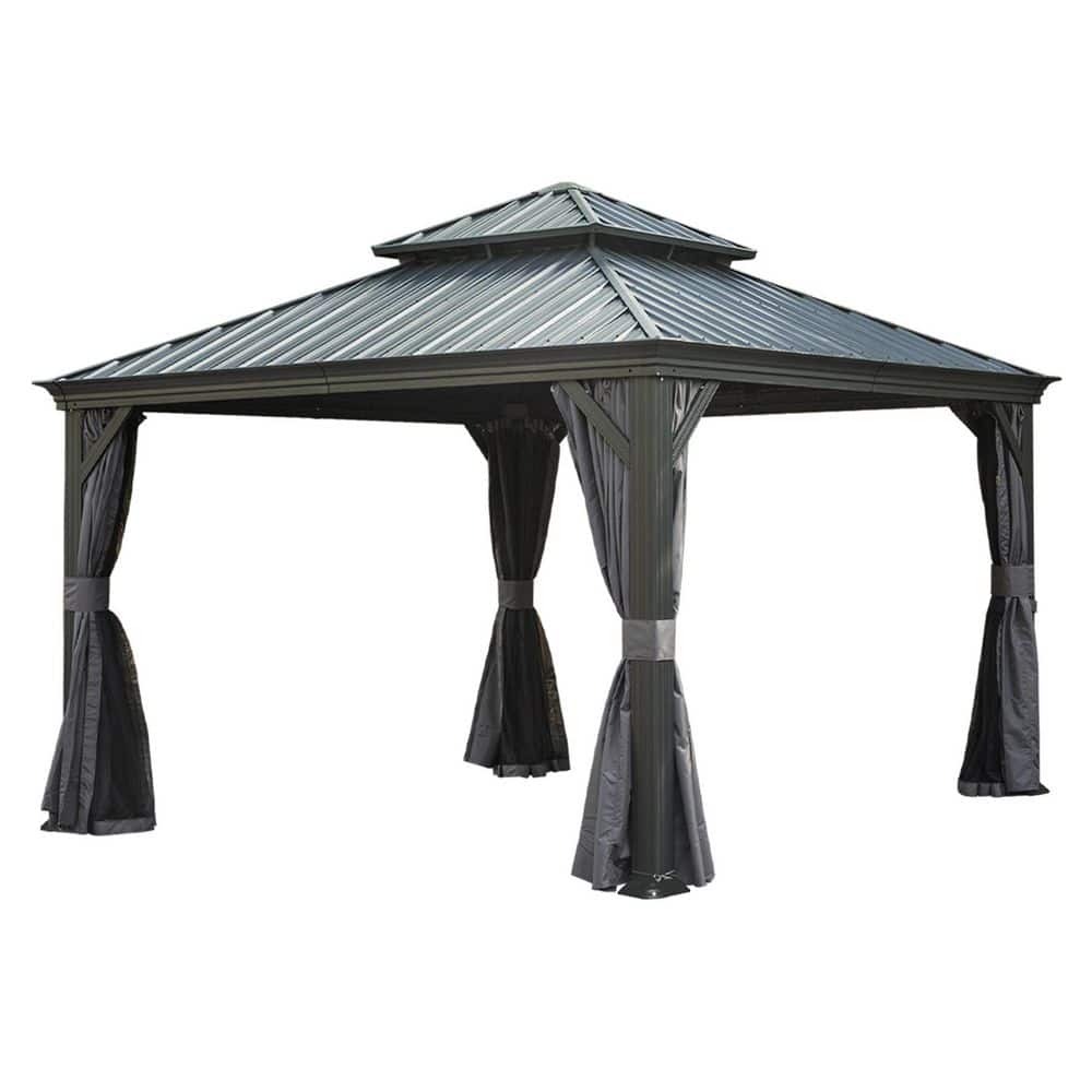 12 ft. x 12 ft. Grey Outdoor Hardtop Gazebo with Dual-Layer Galvanized Steel Roof, Aluminum Frame, Curtains & Netting price history on PriceWatchPro