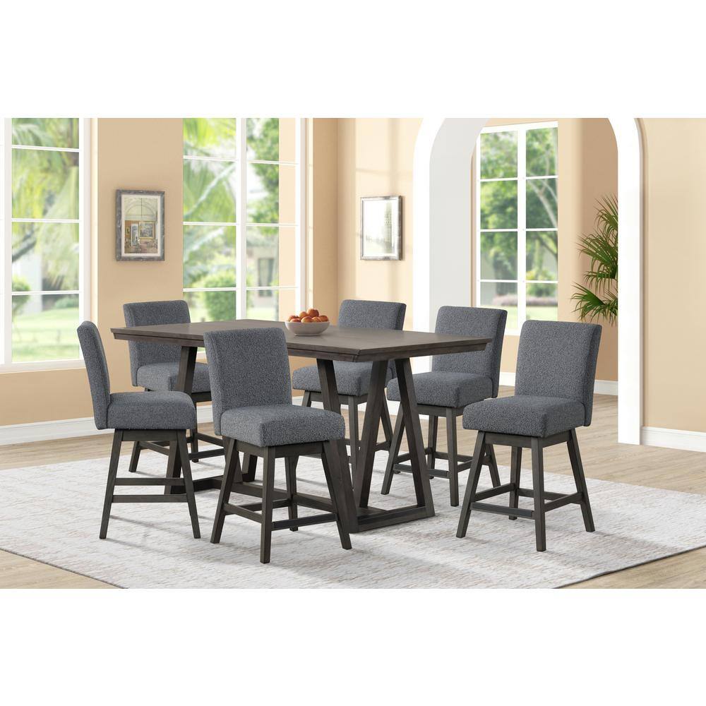 Gray Wood Counter Table with 6 Upholstered Swivel Chairs