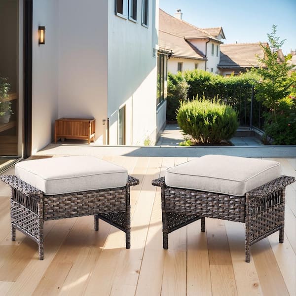 Seagull Series 2-Pack Wicker Outdoor Ottoman Steel Frame Footstool with Removable Beige Cushions