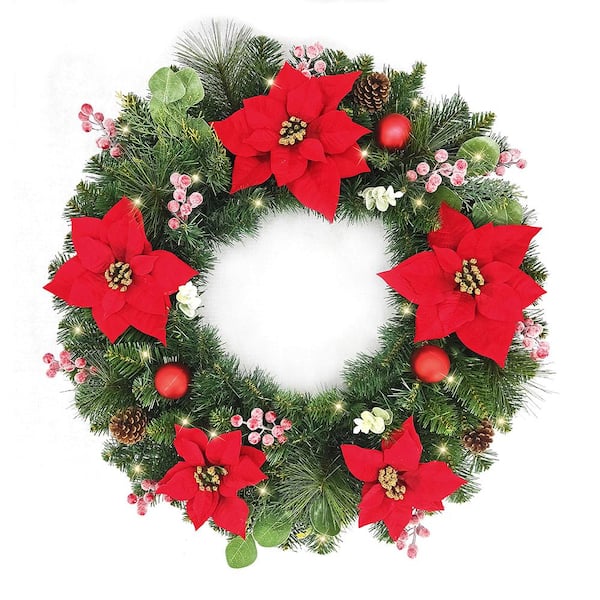 Home Accents Holiday 30 in Berry Bliss Battery Operated Mixed Pine LED Pre-Lit Artificial Wreath with Time