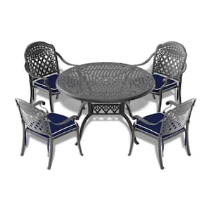 5-Piece Black Cast Aluminum Outdoor Dining Set, Patio Furniture with 48.03 in. Round Table and Random Color Cushions