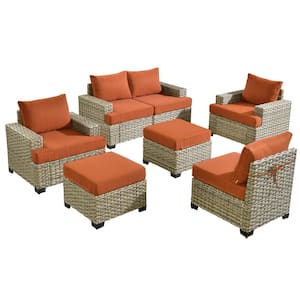 Kelleys 7-Piece Wicker Modern Outdoor Patio Conversation Sofa Seating Set with Orange Red Cushions