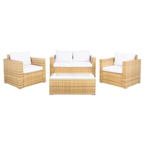 Machie Natural 4-Piece Wicker Patio Conversation Set with White Cushions