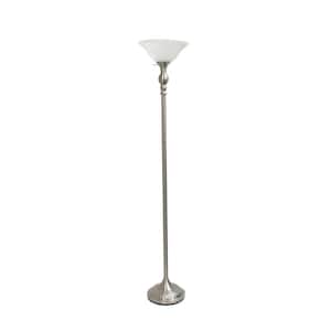 71 in. 1-Light Brushed Nickel Torchiere Floor Lamp with Marbleized White Glass Shade