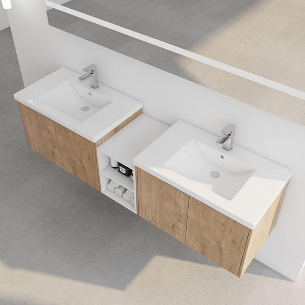 71.1 in. W x 18 in. D x 19.3 in. H Double Sink Floating Bath Vanity in Imitative Oak with White Resin Top and Cabinet