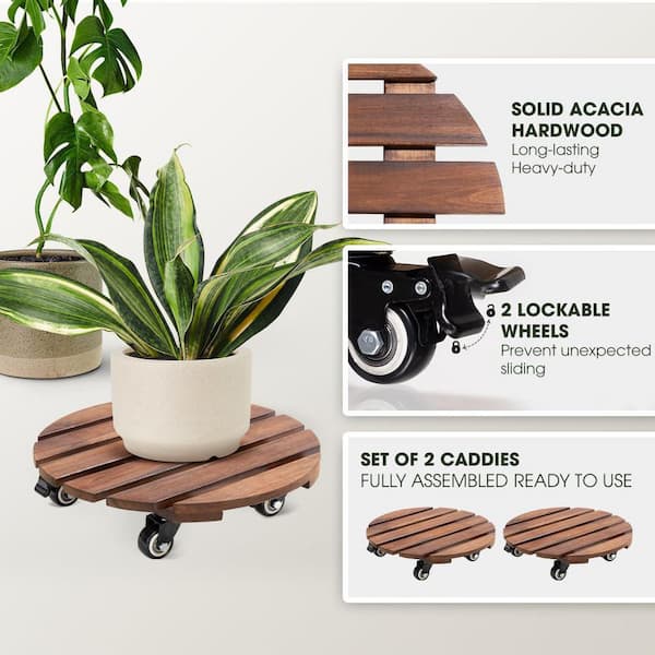 12 in. Wood Plant Caddy with Wheels Heavy Duty Plant Dolly 264 lbs., Capacity 2-Pack