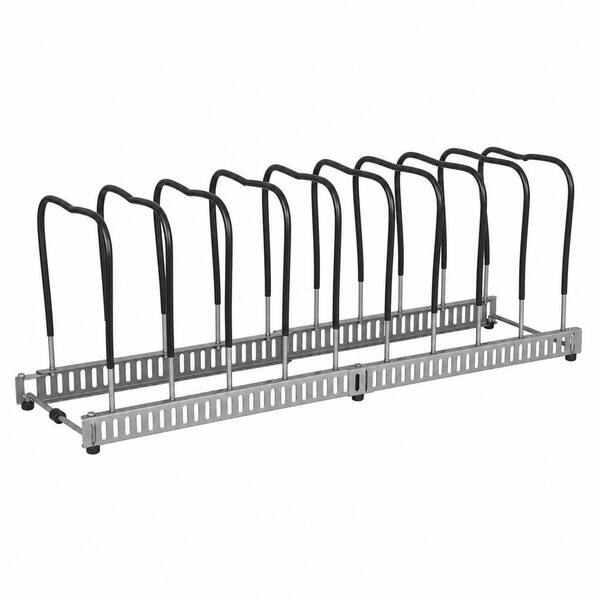 Freestanding Iron Expandable Pot Rack, 10 Adjustable Compartments, U-Groove for Pans and Lids, in Gray