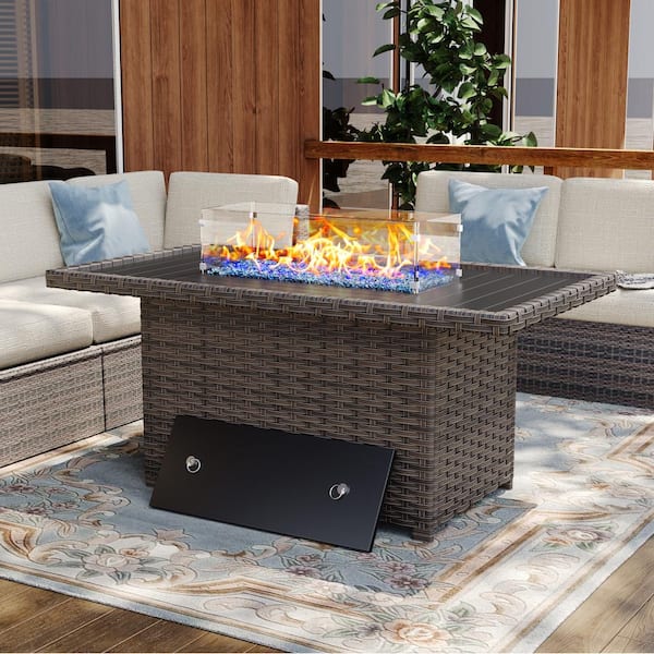 Uixe Brown 44.5 in. 50000 BTU Rectangular Aluminum Propane Outdoor Fire Pit Table with Glass Wind Guard Lid Fire Glass Beads
