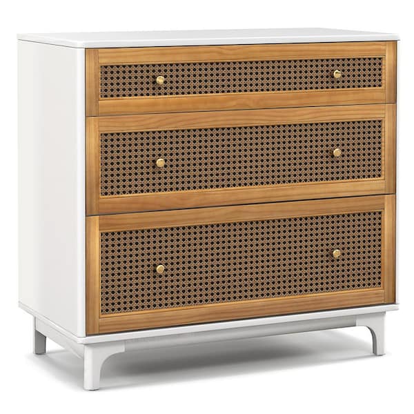 Costway White Brown 31 in. H Storage Cabinet 3-Drawer Rattan Dresser Modern Closet Chest Living Room Entryway