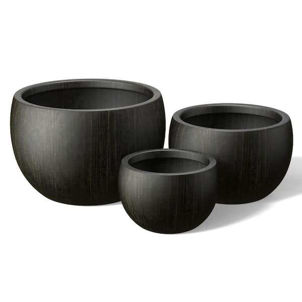 11.5 in. 15 in. 19 in. Bronzed Black Concrete Round Planter / Pot with Drainage Holes (Set of 3)