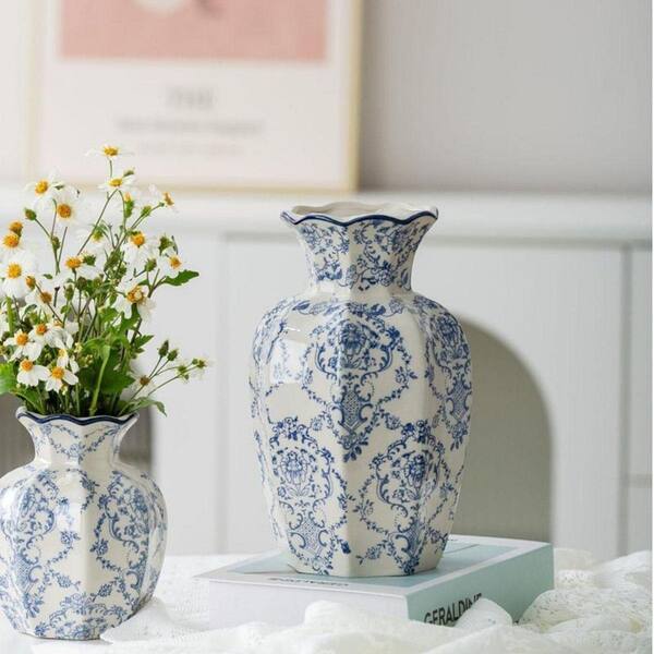 9 in. Blue Ceramic Bottle Vintage Blue Ceramic Flower Vessel