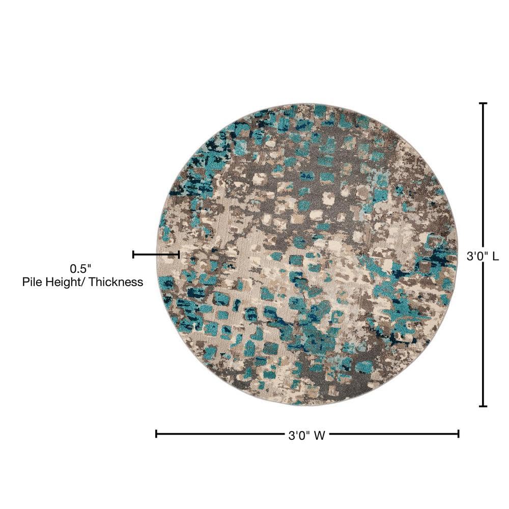 Boho-Chic Grey and Light Blue Round Synthetic Area Rug, 3' x 3'