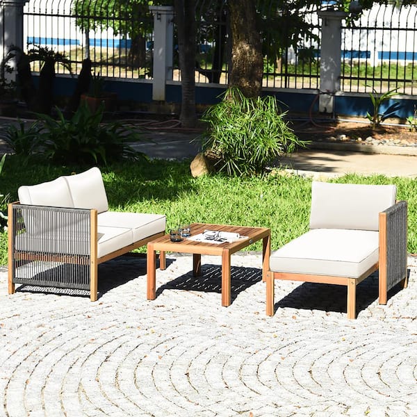 シュウ23 オットマン Costway 3-Piece Patio Acacia Wood Sofa Furniture Set Thick