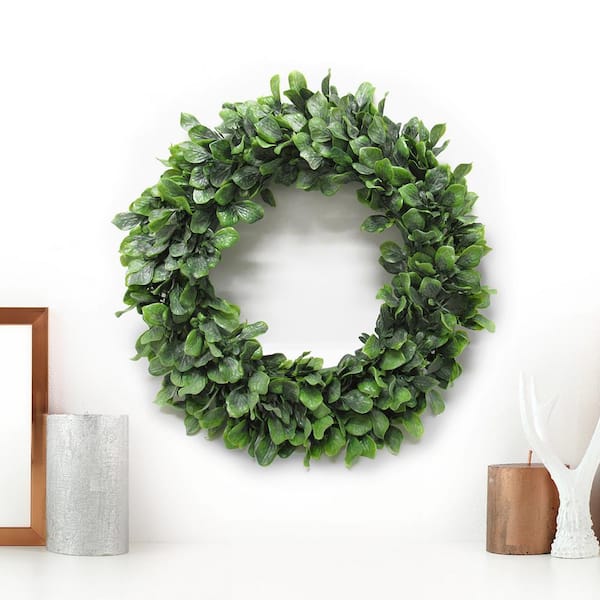 LIVING LUXURY 14 in. Frosted Green Artificial Spring Leaf Foliage Greenery Wreath