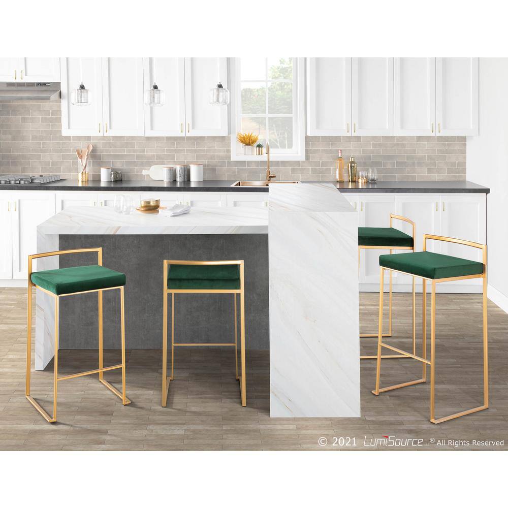 Fuji Glam Gold Frame with Green Velvet Cushion Counter Stool - Set of 2