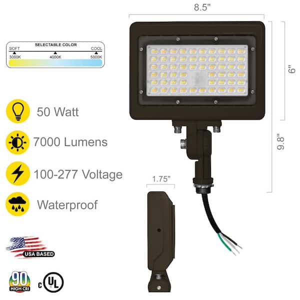 50-Watt 7050 Lumens Bronze Outdoor Integrated LED Flood Light 1/2" Adjustable Knuckle Mount Security Light, 3CCT (2-PK)