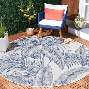 Courtyard Ivory/Navy 7 ft. Round Oversized Floral Indoor/Outdoor Area Rug