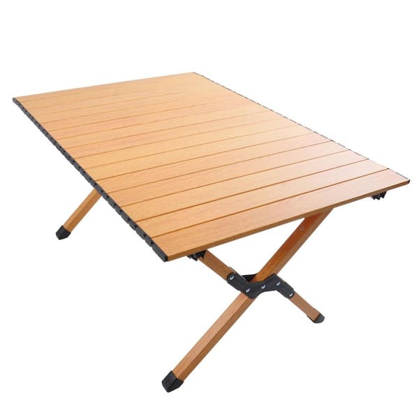 Tidoin Brown Rectangle Aluminum Alloy Outdoor Picnic Table with Folding X-Shape Leg
