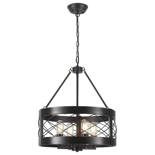 17.72 in. 5-Light Matte Black Pendant Drum Design Chandelier with Metal Shade and No Bulbs Included for Foyer