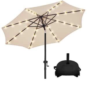 9 ft. Solar LED Lighted Market Patio Umbrella with Base and Push Button Tilt in Beige