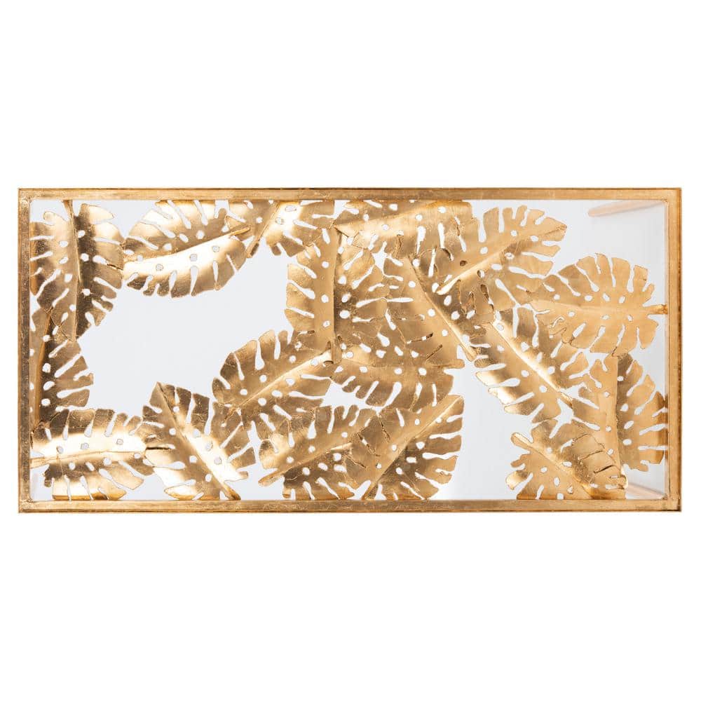 Elegant Gold Leaf Rectangular Glass Coffee Table with Palm Design