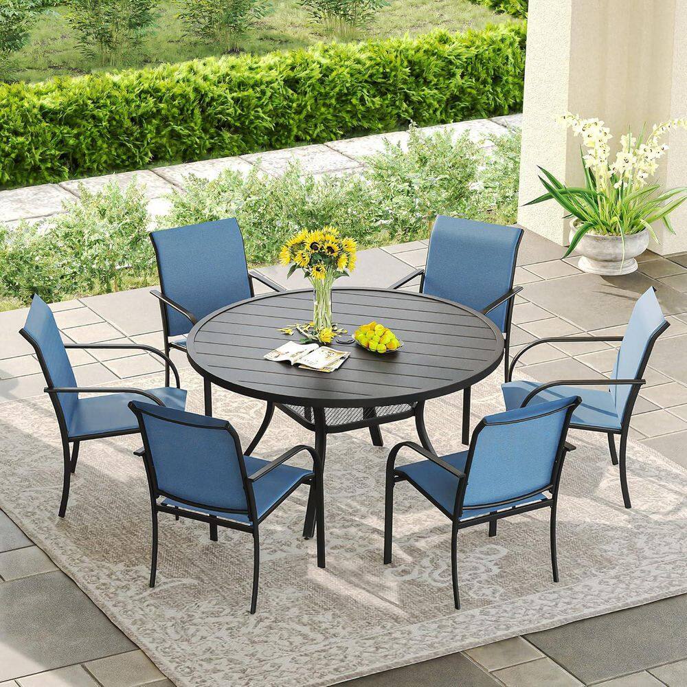 7-Piece Patio Dining Set with 47.2 in. Black Metal Round Table and 6-Blue Stackable Chairs for Backyard, Garden price history on PriceWatchPro