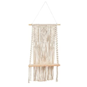 5 in. x 30 in. x 18 in. Cream Macrame and Wood Hand Crafted Woven Wall Hanging with Shelf