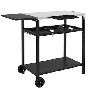 Black Outdoor Serving Cart with Stainless Steel Tabletop, 2 Tiers Shelf, Hooks, Plates and Spice Jars for Party