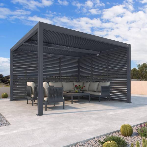 PURPLE LEAF 10 ft. x 13 ft. Gray Aluminum Louvered Pergola with 2 Individual Sunshade Roofs and 1-Long 1-Short Side Shutter Wall