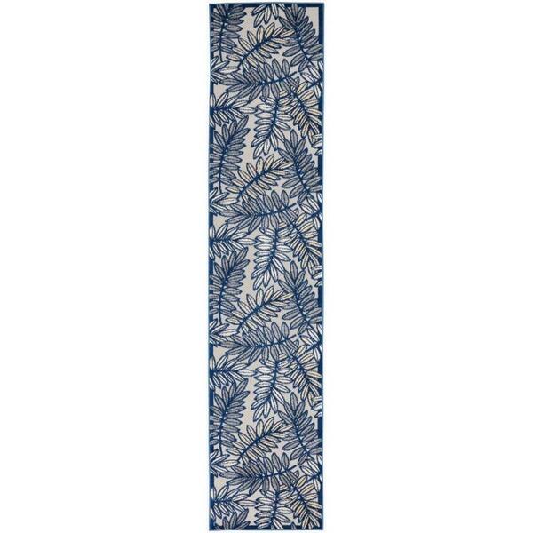 HomeRoots Charlie 2 X 10 ft. Ivory and Navy Floral Indoor/Outdoor Area Rug