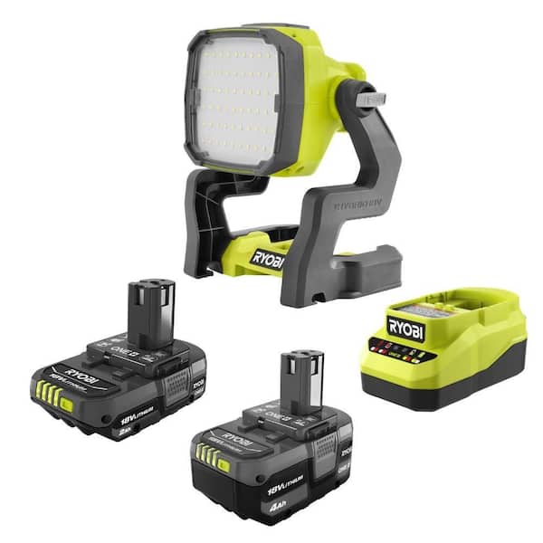 ONE+ 18V Lithium-Ion 4.0 Ah Battery, 2.0 Ah Battery and Charger Kit with ONE+ Cordless Hybrid LED Work Light