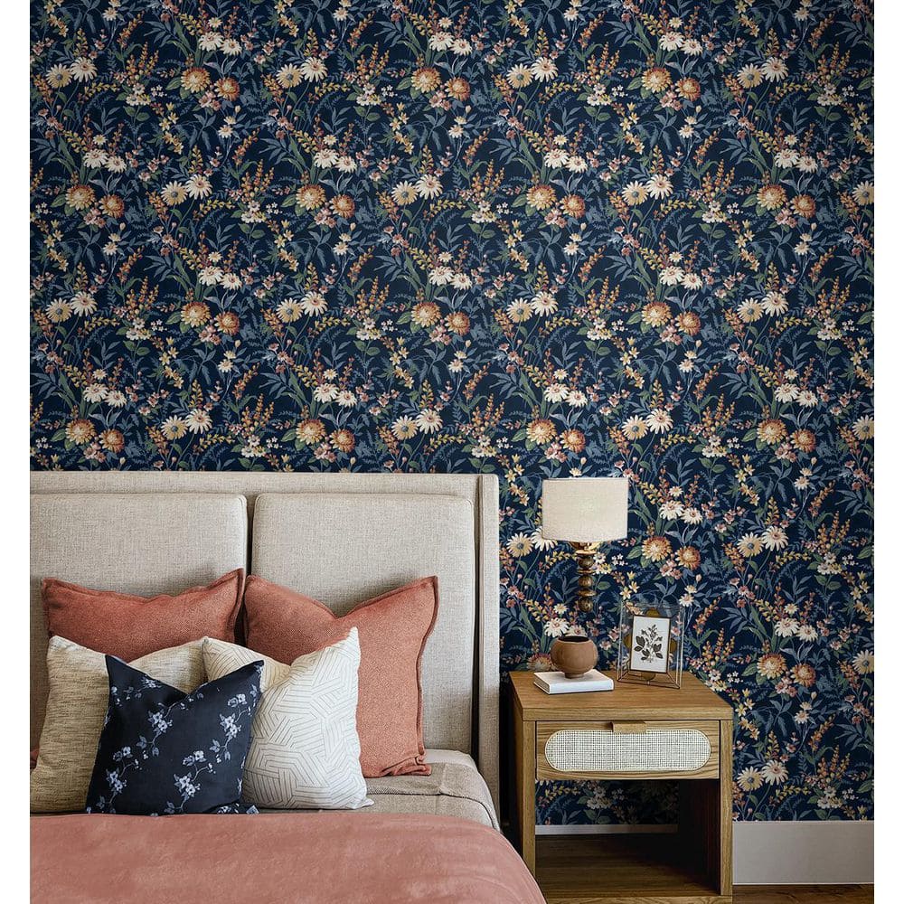Navy Blue Vinyl Floral Peel and Stick Wallpaper Roll