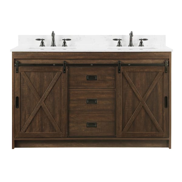 Rafter 54 in. W x 22 in. D Bath Vanity in Rustic Brown with Carrara White Engineered Stone Vanity Top with White Sinks