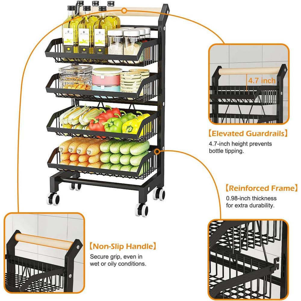 Black Metal and Wood 5-Tier Rolling Kitchen Cart with Mesh Baskets